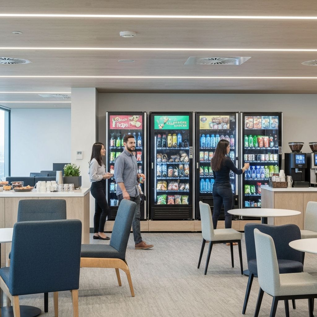 Modern vending machines in an office break room stocked with snacks and beverages