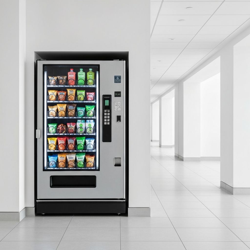 Modern vending machines stocked with snacks and beverages